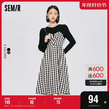 森马连衣裙女格子拼接修身2022秋新款圆领泡泡袖气质轻熟风中长裙商品大图