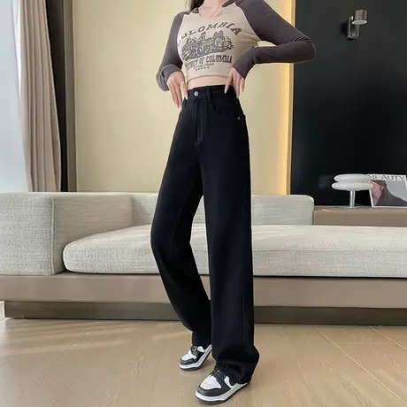 黑色窄版阔腿牛仔裤女秋冬新款加绒加厚高腰宽松直筒裤显瘦拖地裤商品大图