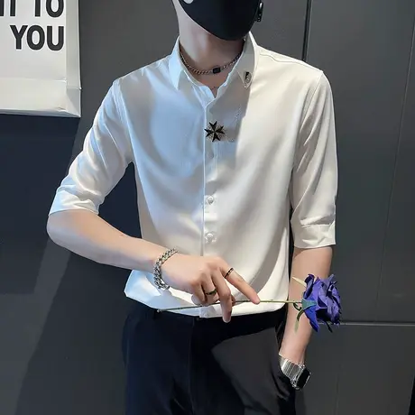 夏季男短袖衬衫修身中袖潮流休闲帅气时尚休闲潮牌发型师纯色衬衣商品大图