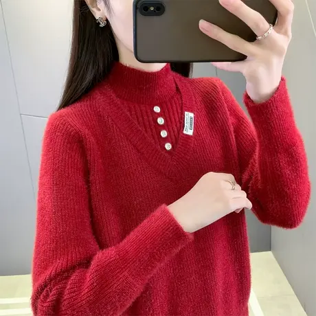 假两件半高领加厚女士毛衣女款2025新款春季爆款内搭打底衫上衣商品大图