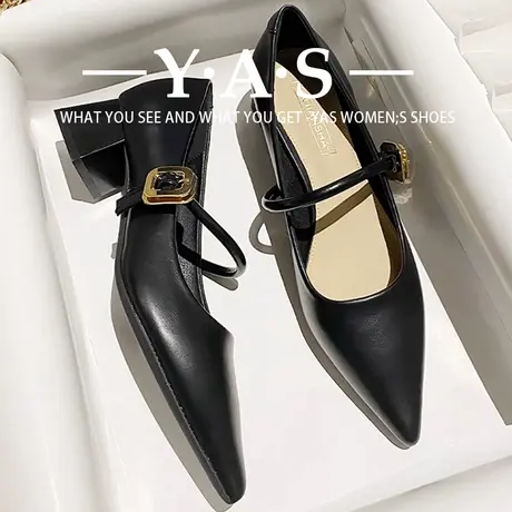 复古法式时尚玛丽珍鞋女秋季新款粗跟一字带气质尖头中跟百搭单鞋商品大图