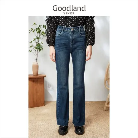 *Goodland女装2023春季高腰四叶草设计感喇叭裤牛仔裤商品大图