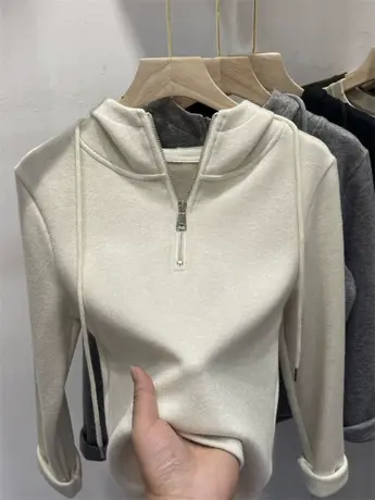 半拉链连帽抽绳纯色磨毛卫衣女2023秋冬新款休闲显瘦百搭别致上衣图片