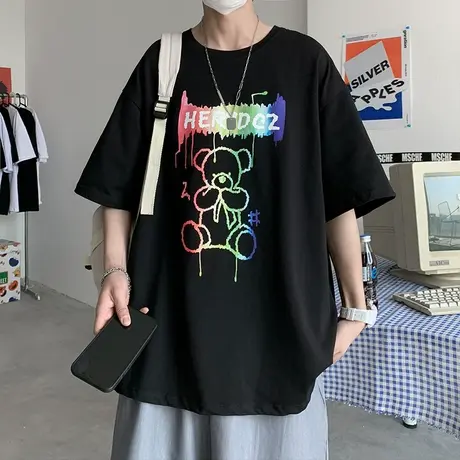 小熊渐变印花短袖t恤男夏季潮牌ins痞帅半袖美式设计感小众上衣服商品大图