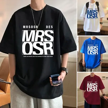 港风短袖t恤男夏季2023新款青年高街半袖上衣服情侣ins五分袖体恤商品大图