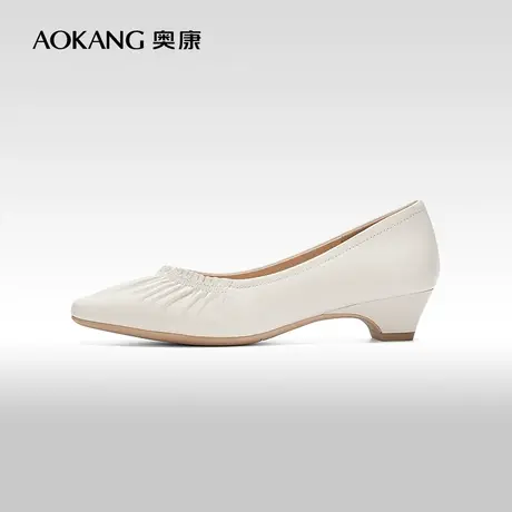 【门店发货】奥康女鞋 2024春季新款褶皱真皮尖头浅口单鞋通勤鞋图片