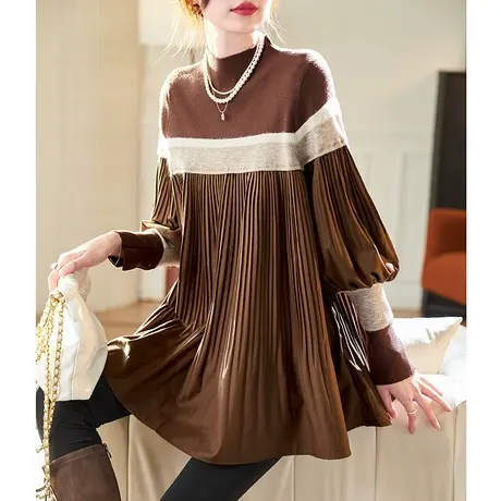 宝诗黎半高领针织拼接T恤2024春季新款设计感宽松百褶休闲上衣女商品大图