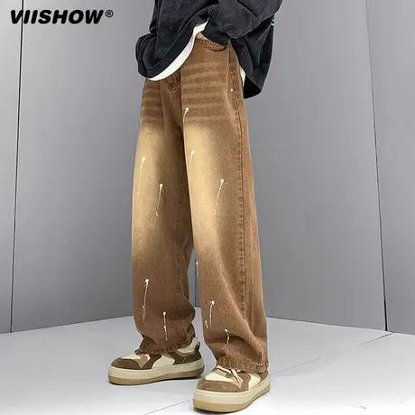 VIISHOW牛仔裤男士美式水洗渐变拖地裤男春秋季vibe风直筒阔腿裤商品大图