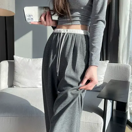 灰色美式休闲运动卫裤女春季新款高腰显瘦宽松抽绳窄版阔腿拖地裤图片