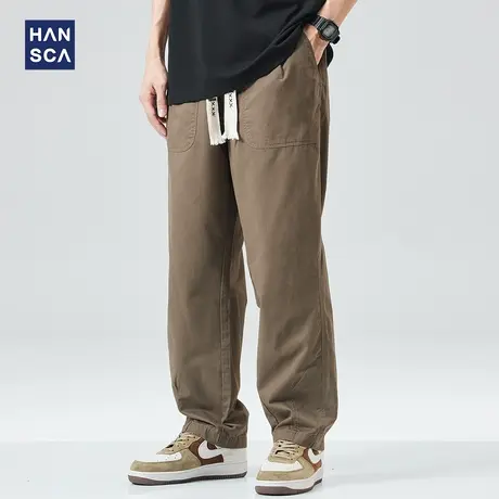 hansca松紧腰直筒休闲裤男美式复古春季潮牌大码宽松纯棉工装裤子商品大图