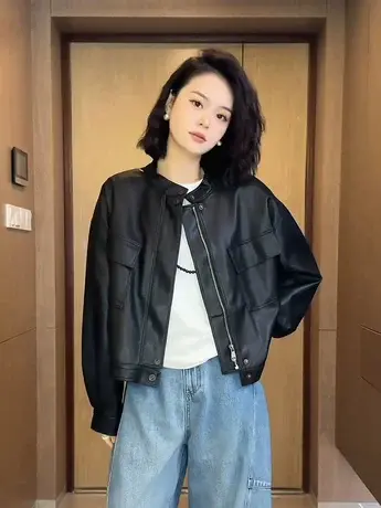 皮衣外套女机车服短款春秋新款复古宽松黑色PU外套小个子女装皮衣商品大图