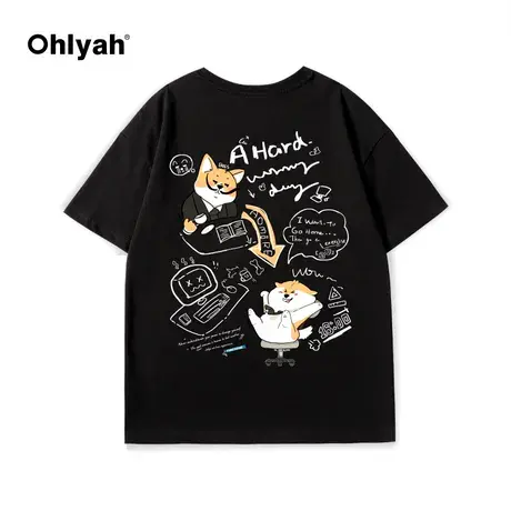 Ohlyah小狗涂鸦字母圆领纯棉t恤男女短袖印花设计感上衣半袖情侣商品大图