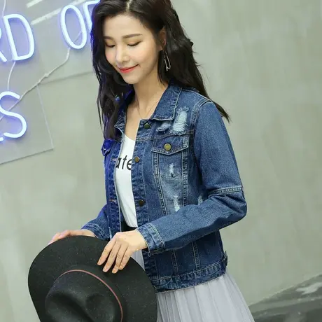 牛仔外套女短款修身韩版潮显瘦学生长袖春秋牛仔服上衣破洞拼接袖商品大图