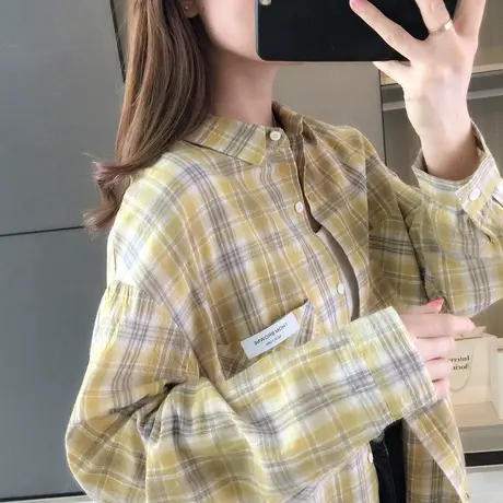小清新格子衬衫女设计感小众春款新款春秋上衣女士衬衣春季图片