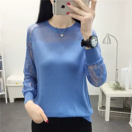 蕾丝镂空针织衫早秋新款女圆领宽松外穿薄款打底衫女士毛衣百搭女商品大图
