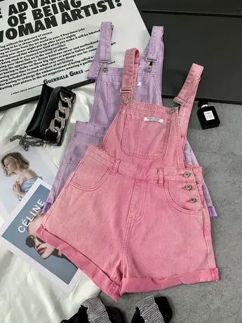 口袋粉色牛仔背带短裤女2023春夏新款显瘦百搭减龄吊带阔腿短裤商品大图