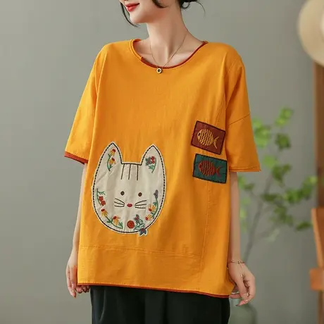 dza复古贴布刺绣圆领T恤女2023夏季薄款纯棉打底体恤宽松套头上衣商品大图