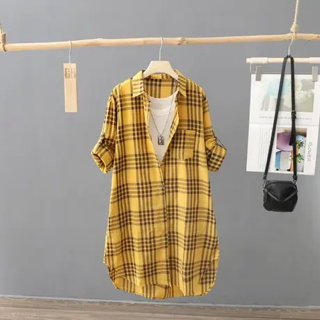 休闲上衣中长款格子衬衫女秋装2023年新款长袖百搭外套衬衣薄开衫图片