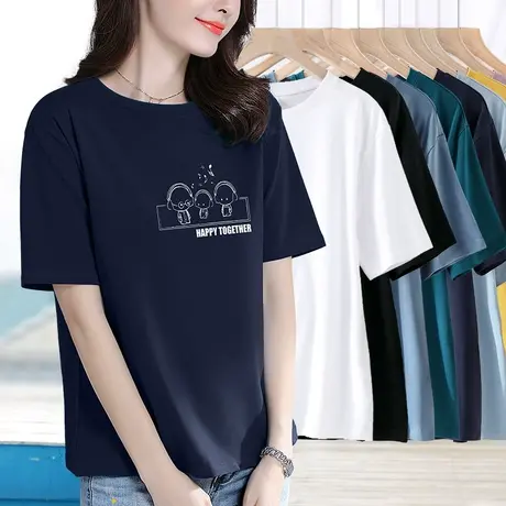 藏蓝色纯棉短袖女宽松显瘦字母卡通印花上衣休闲百搭洋气外穿t恤商品大图