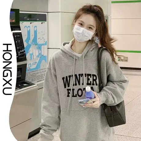 红续美式小众设计灰色连帽抽绳卫衣女秋冬新款印花加厚显瘦上衣潮图片