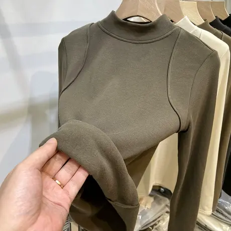 欧货假两件圆领加薄绒长袖T恤女2022秋冬新款洋气内搭打底衫上衣图片