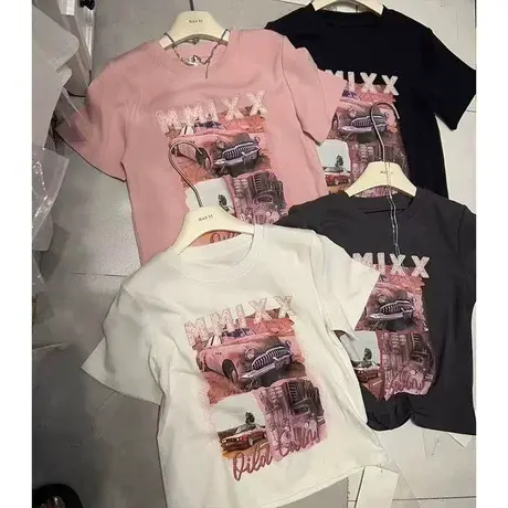 欧货重工粉色汽车印花T恤女修身显瘦个性气质贴布字母短袖上衣潮图片