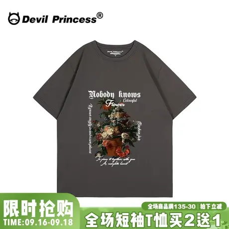 vintage美式街头复古风深灰色短袖女宽松大版下衣失踪ins潮牌上衣商品大图