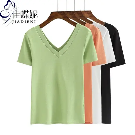 夏季新款韩版修身双V领短袖T恤打底衫纯棉女装简约基础款内外搭图片