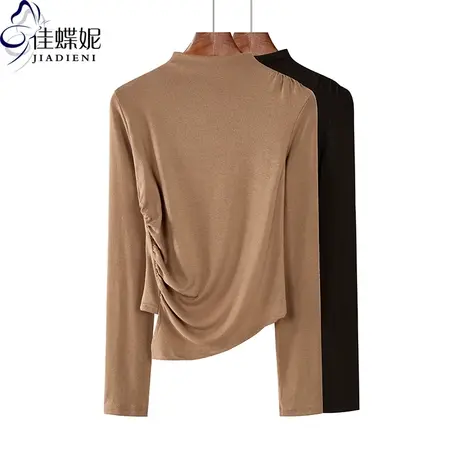秋季新款韩版半高领修身纯棉褶皱纯色长袖体恤上衣内搭打底衫女装图片