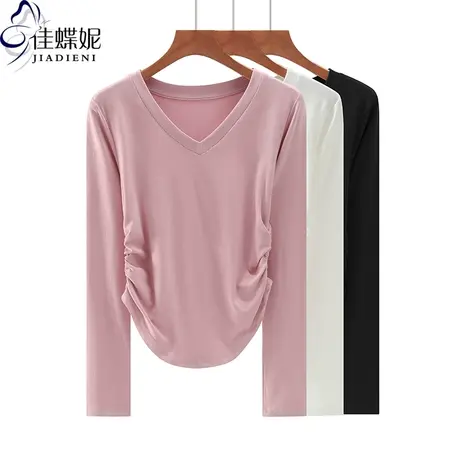 秋季新款韩版V领小心机褶皱长袖上衣内搭女纯欲风性感T恤圆弧高腰商品大图
