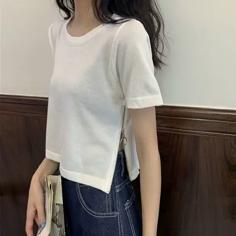 网红短款拉链开叉T恤女ins超火潮牌设计感短袖港味复古chic上衣夏图片