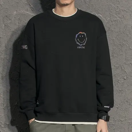 国潮笑脸印花卫衣男春秋款个性帅气男生青少年衣服外套无帽假两件商品大图