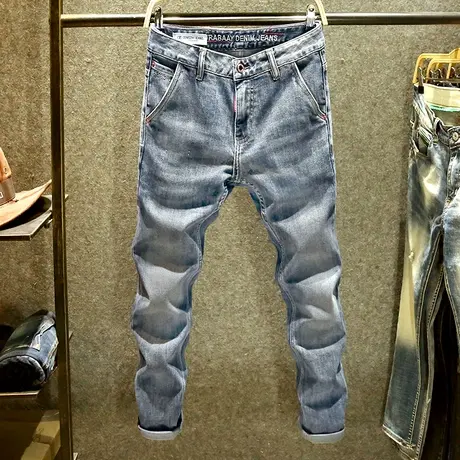 个性斜口袋休闲牛仔裤男潮牌小脚裤子腰头小刺绣修身直筒休闲长裤商品大图