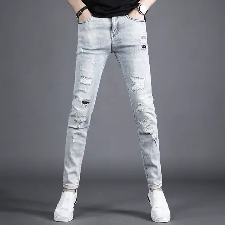 牛仔裤男夏季薄款2022年新款破洞补丁男士修身小脚潮流百搭裤子男商品大图