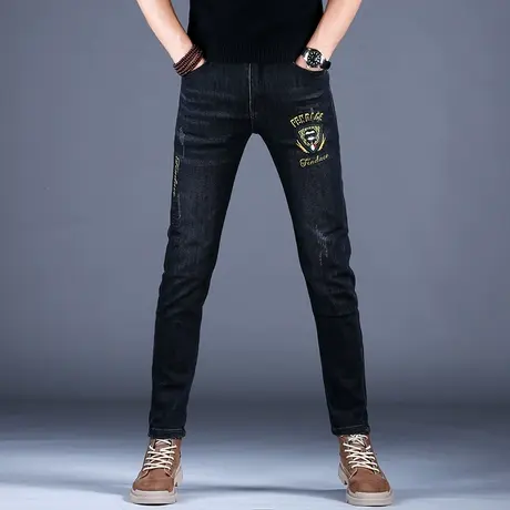2023男士新款牛仔裤男黑色春秋刺绣花百搭小脚裤百搭男潮牌棉弹裤商品大图
