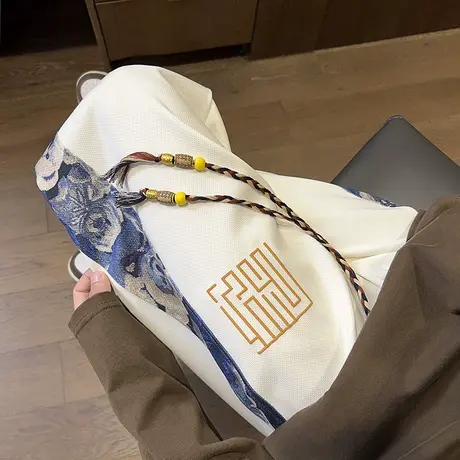 中国风刺绣拼接休闲运动裤男宽松大码复古直筒抽绳束脚裤国潮长裤图片