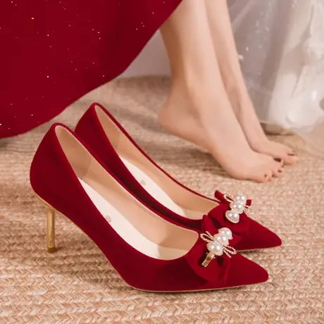 蝴蝶结中式婚鞋高跟鞋2023新款秀禾婚纱两穿新娘敬酒鞋低跟不累脚图片