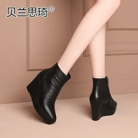 真皮厚底坡跟短靴女2023秋冬季新款单靴及踝靴防水台高跟短靴子图片