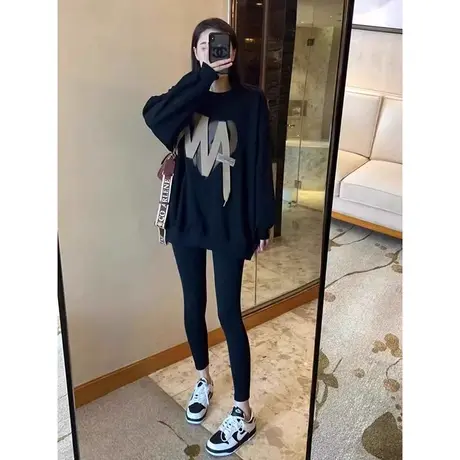 黑色欧货卫衣女春秋季新款大码胖mm加绒加厚宽松中长款上衣200斤商品大图