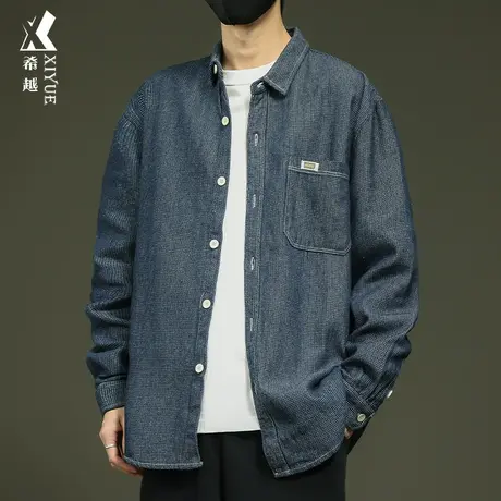 希越复古水洗牛仔衬衫男2024春秋季新款宽松大码男士纯棉夹克上衣图片