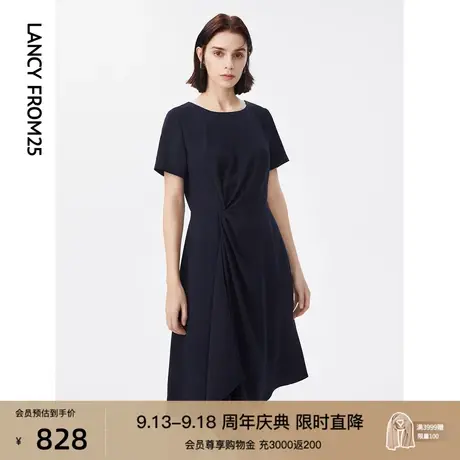 朗姿法式高级感气质收腰复古蓝色抽褶连衣裙女夏新款设计感裙子商品大图