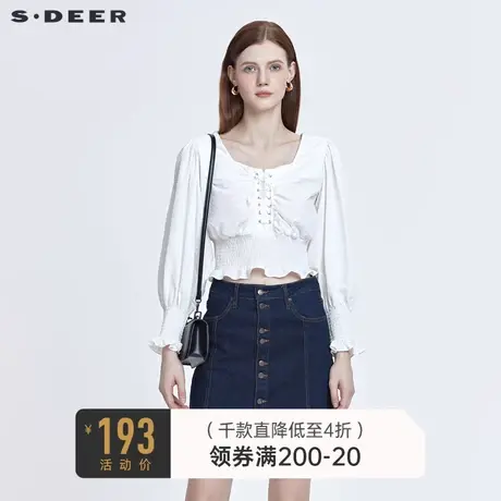 sdeer圣迪奥秋装复古方领收腰泡泡袖ol短款衬衫女S22160511商品大图