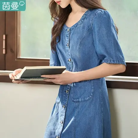 茵曼法式港味复古chic裙子牛仔裙女2023夏季新款莱赛尔短袖连衣裙商品大图