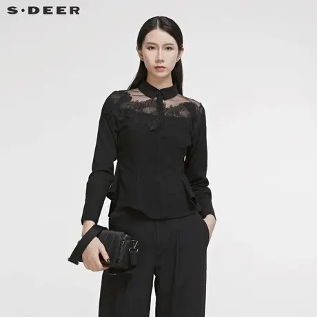 sdeer圣迪奥春秋装女装雪纺绣花拼接高腰修身黑色衬衫S20180517商品大图