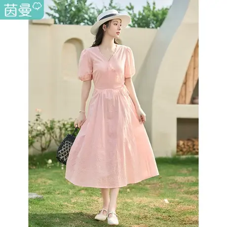 【商场同款】茵曼温柔连衣裙2023夏女装新款v领灯笼袖盐缩中长裙图片