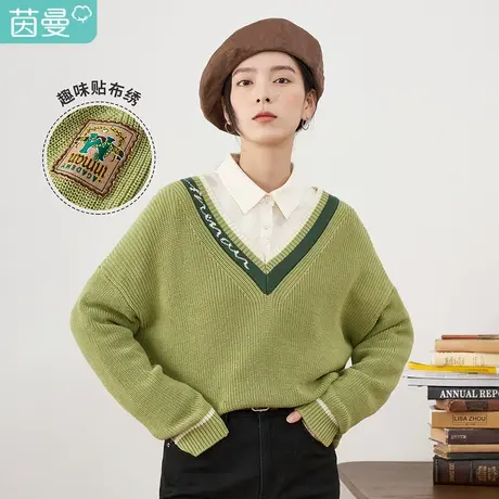 【商场同款】茵曼休闲女2023春季新款V领撞色套头潮趣宽松针织衫图片