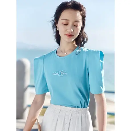 茵曼休闲清新T恤2023夏女装新款圆领直角肩海洋元素印花绣花上衣图片