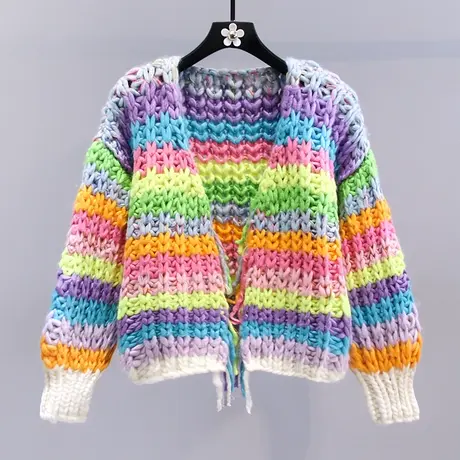 纯手工编织彩虹流苏毛衣外套女秋冬2023新款宽松慵懒风针织开衫图片