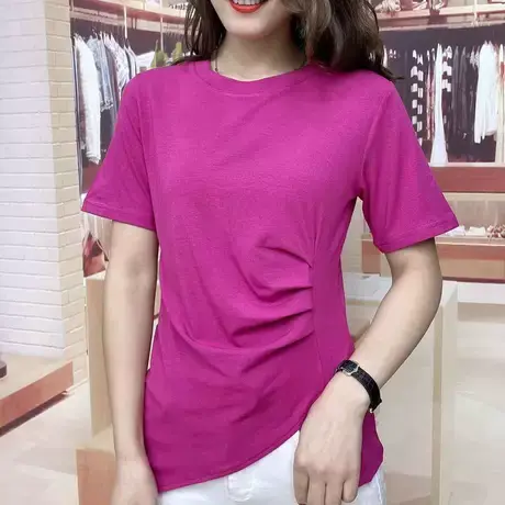 设计感不规则侧边开叉抽褶短袖T恤女夏新款修身百搭纯色圆领上衣图片