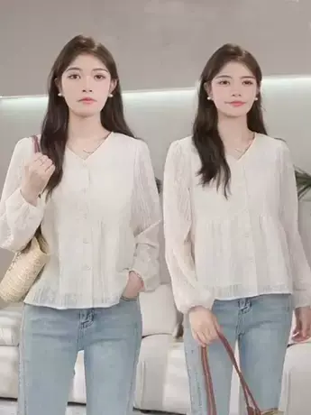 法式甜美v领小衫女2023秋季新款超仙遮肉宽松长袖上衣洋气百搭潮图片